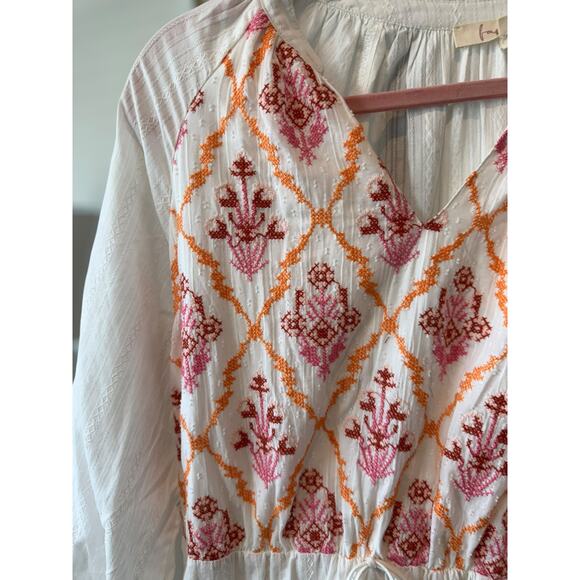 NWOT Fanco Embroidered Geometric Diamond Lattice Peasant Mini Dress White Large - Picture 7 of 11